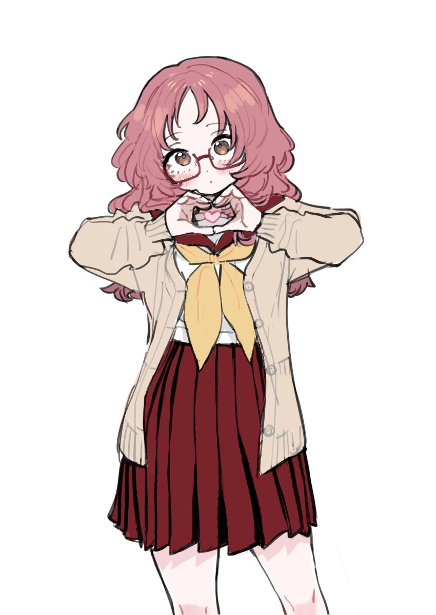 1girl blouse brown_eyes cardigan closed_mouth commentary cowboy_shot forehead fujichika_koume glasses heart heart_hands highres long_hair long_sleeves looking_at_viewer mie_ai neckerchief open_clothes pink_hair pleated_skirt red-framed_eyewear red_hair sailor_collar school_uniform semi-rimless_eyewear serafuku shirt short_hair simple_background skirt sleeves_past_wrists solo standing sukinako_ga_megane_wo_wasureta symbol-only_commentary under-rim_eyewear white_background white_shirt yellow_neckerchief