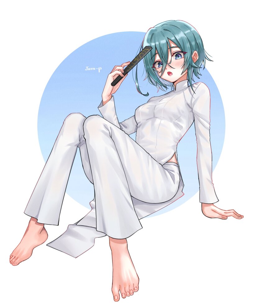 1girl absurdres artist_name barefoot blue_eyes blue_hair blush breasts dress full_body hand_fan high_collar highres holding holding_fan jjum_pp kimi_no_koto_ga_dai_dai_dai_dai_daisuki_na_100-nin_no_kanojo knees_up nakaji_uto open_mouth pants simple_background sitting small_breasts solo vietnamese_clothes ao_dai white_dress white_pants