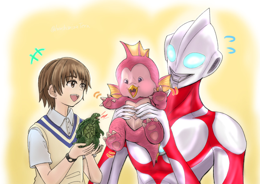 1boy absurdres blue_eyes character_request color_timer compound_eyes crossover emi_(ultraman:_rising) engi_(animation_studio) gamera gamera_(series) gamera_-rebirth- highres jaw kadokawa kaiju raiodexiasu reptilian tokusatsu tsuburaya_productions ultra_series ultraman ultraman:_rising ultraman_(ultraman:_rising) wada_hiroki