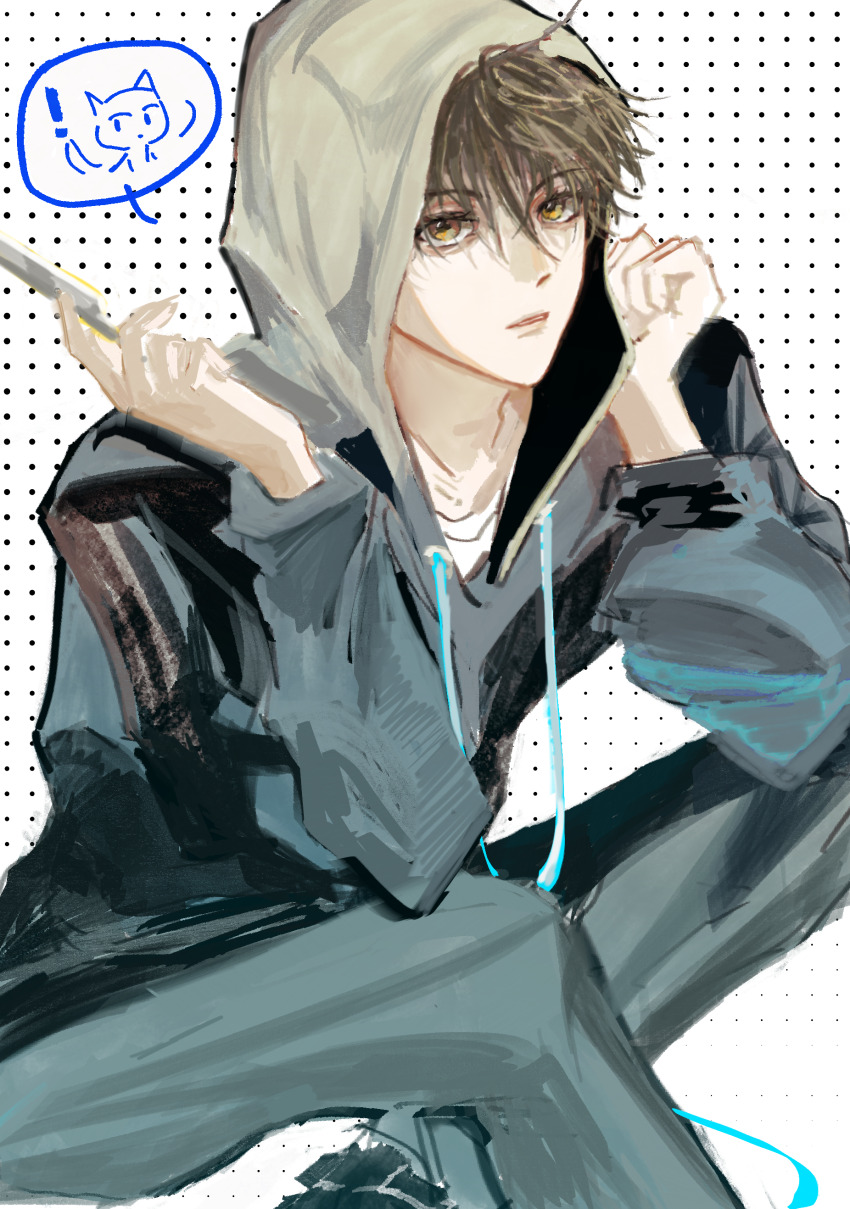 ! 1boy absurdres black_shoes blue_hoodie blue_pants brown_hair cellphone chinese_commentary doodle_inset drawstring driedpersimmonisverydelicious hair_between_eyes hands_up highres holding holding_phone hood hood_up hoodie huang_shaotian long_sleeves looking_at_viewer male_focus multicolored_hoodie open_mouth pants parted_lips phone polka_dot polka_dot_background quan_zhi_gao_shou shoes short_hair simple_background sitting smartphone solo speech_bubble white_background yellow_eyes