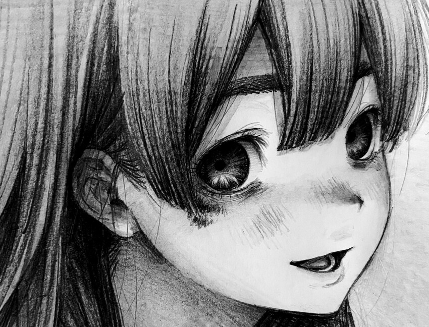 1girl character_request copyright_request kansouki looking_at_viewer monochrome smile tagme thick_eyebrows