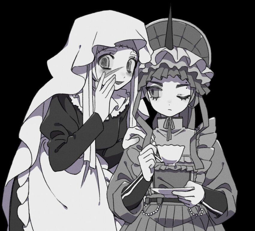 2girls apron bending black_background bonnet breasts cup dress eyebrow_piercing frilled_apron frilled_headwear frills greyscale hand_on_another&#039;s_shoulder hands_up height_difference highres holding holding_cup holding_saucer juliet_sleeves lappet layered_sleeves light_smile long_sleeves looking_at_another looking_at_viewer lower_eyelashes_only maid medium_breasts monochrome multiple_girls neck_ruff one_eye_closed open_mouth payage piercing puffy_sleeves sakana_uo_sakana saucer scar scar_on_face sideways_glance simple_background stitched_face stitches teacup turtleneck unicorn_horn upper_body veil waist_apron whispering_in_ear white_veil