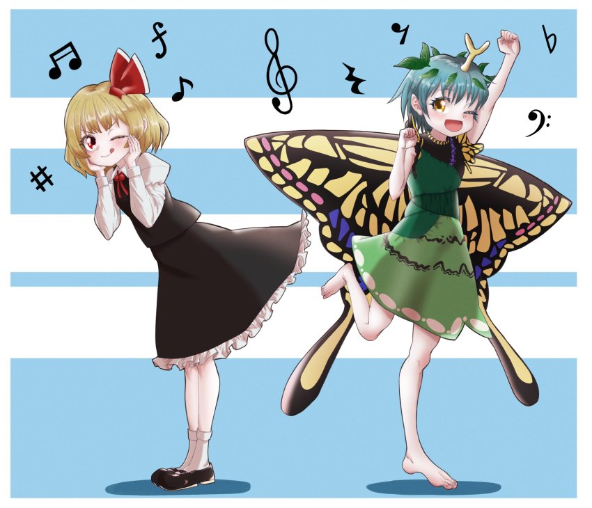 2girls alinoce716 antennae aqua_hair arm_up barefoot bass_clef beamed_sixteenth_notes black_footwear black_skirt black_vest blonde_hair blush butterfly_wings closed_mouth collared_shirt dress eighth_note eighth_rest eternity_larva fairy flat_sign forte_(symbol) green_dress highres insect_wings leaf leaf_on_head long_sleeves multicolored_dress multiple_girls musical_note one_eye_closed open_mouth orange_eyes quarter_rest red_eyes rumia sharp_sign shirt shoes short_hair short_sleeves skirt smile socks tongue tongue_out touhou treble_clef vest white_shirt white_socks wings