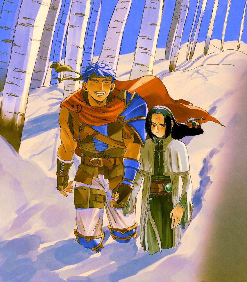 2boys alt_text black_hair blue_hair blush cape capelet closed_eyes commentary english_commentary facial_mark fire_emblem fire_emblem:_radiant_dawn forehead_mark headband height_difference highres holding_hands ike_(fire_emblem) long_hair male_focus multiple_boys nintendo outdoors red_cape short_hair smile snow soren_(fire_emblem) soren_(radiant_confidant)_(fire_emblem) taxkha yaoi