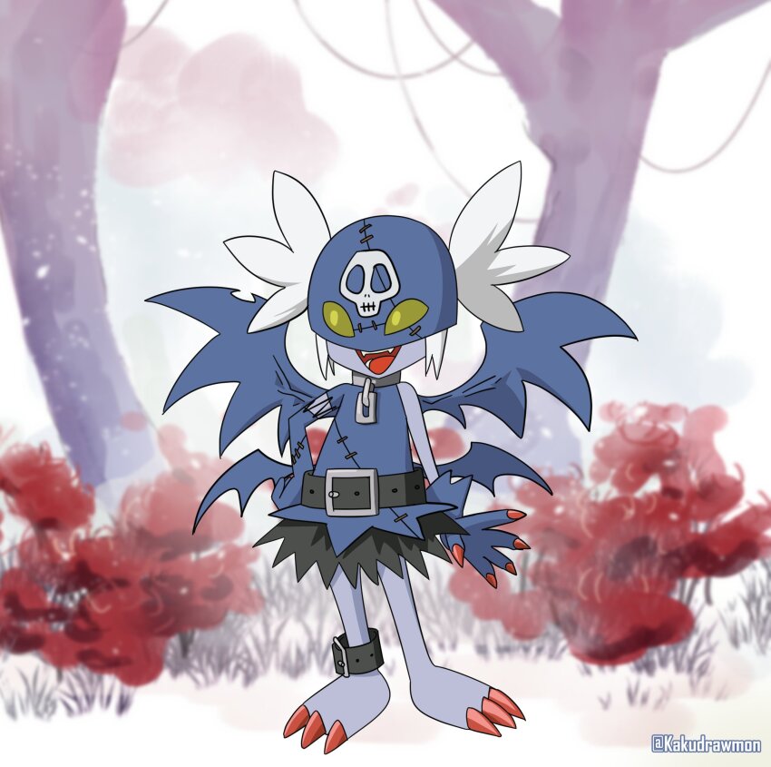 1girl aged_down barefoot black_dress black_mask black_wings colored_skin commission demon_girl demon_wings digimon digimon_(creature) dress full_body grey_skin highres kakudrawmon ladydevimon short_hair solo standing white_hair wings