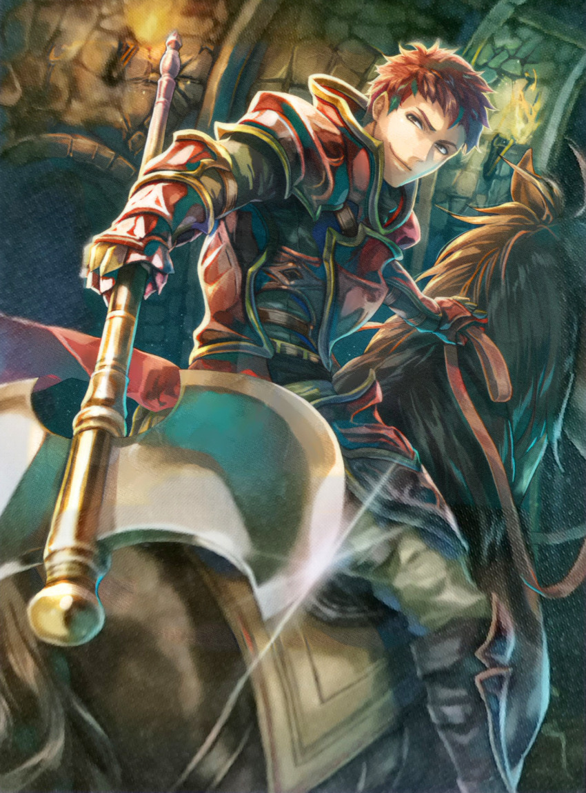 1boy armor axe battle_axe bisaiiiii fire_emblem fire_emblem:_path_of_radiance fire_emblem_cipher highres holding holding_axe holding_weapon horse horseback_riding kieran_(fire_emblem) looking_back male_focus nintendo official_art red_armor red_hair riding short_hair third-party_source weapon
