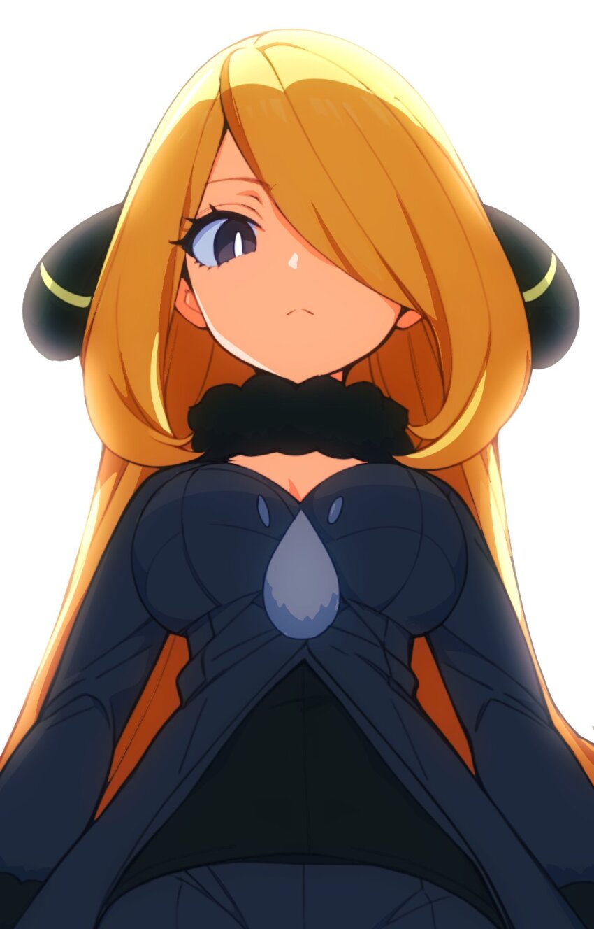 1girl blonde_hair breasts cynthia_(pokemon) kakk_e medium_breasts nintendo one_eye_covered pokemon pokemon_dppt simple_background solo white_background
