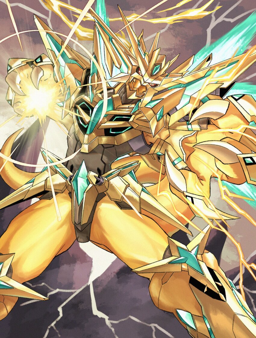 1boy absurdres alternate_form armor aura colored_skin digimon digimon_(creature) dragon electricity energy_wings fewer_digits gold_armor gold_helmet gold_skin highres magnamon_x-antibody powering_up red_eyes solo willd_01 yellow_skin