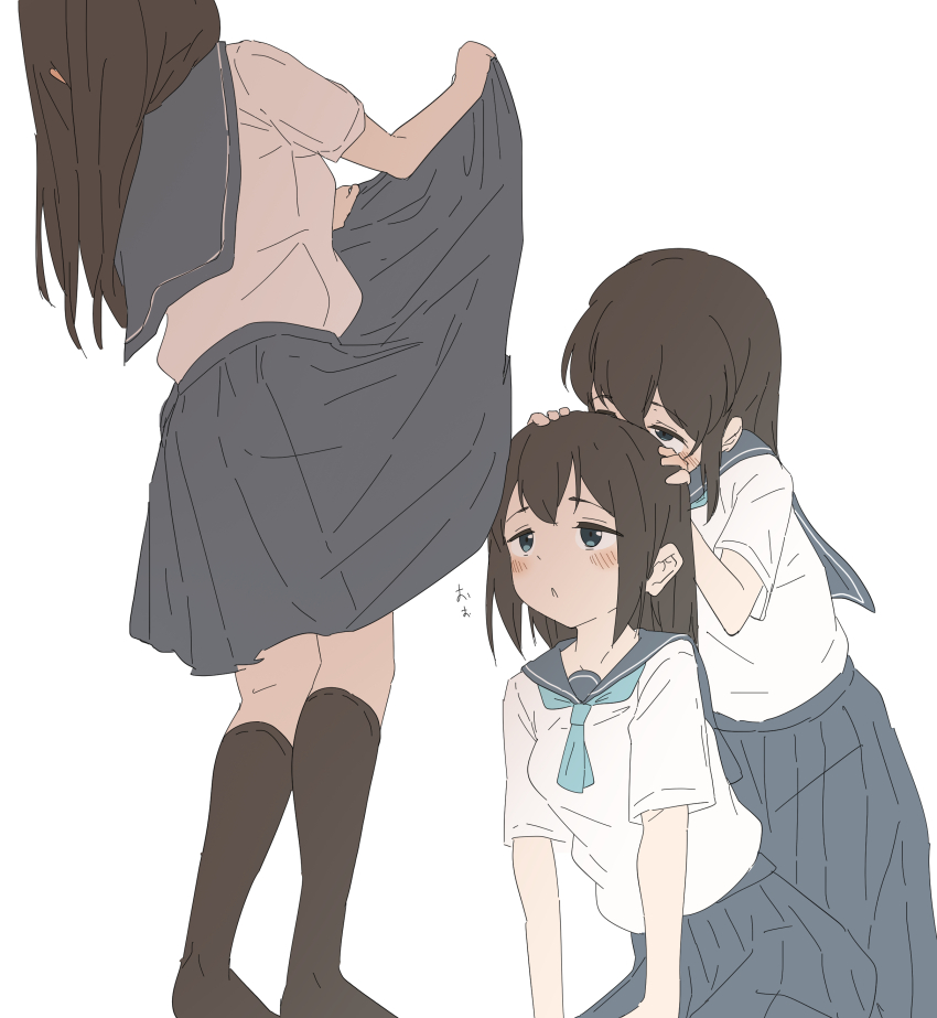 3girls absurdres clothes_lift highres multiple_girls school_uniform simple_background skirt skirt_lift tagme white_background wood_pump yuri