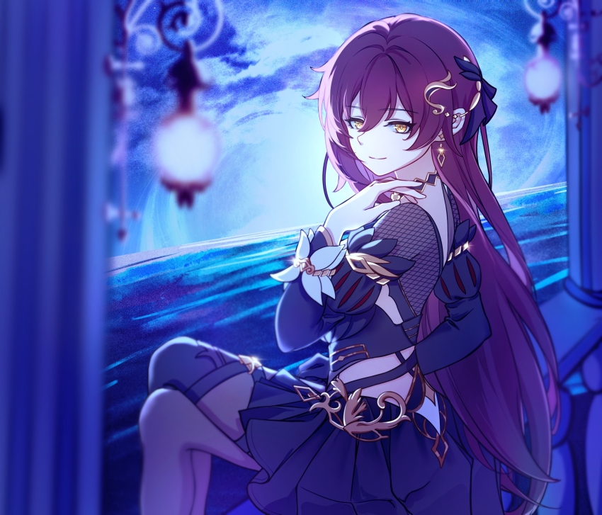 1girl absurdres black_dress breasts clothing_cutout crossed_legs dress earrings eden_(honkai_impact) fishnet_armwear hair_between_eyes hair_ornament highres honkai_(series) honkai_impact_3rd jewelry lamp lingzhongzou long_hair looking_at_viewer looking_back outdoors red_hair side_cutout sitting smile solo very_long_hair yellow_eyes