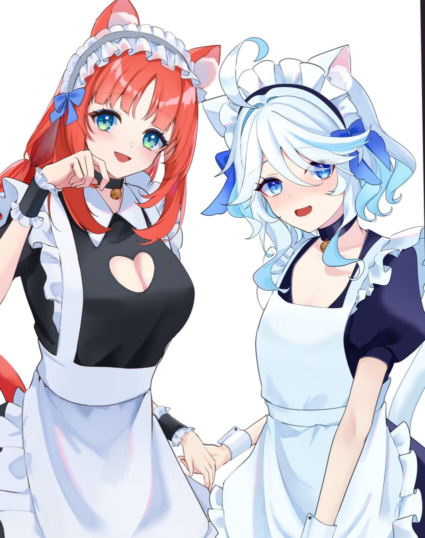 2girls alternate_costume animal_ears apron aqua_eyes bell black_choker black_collar black_dress blue_eyes blue_hair blush breasts cat_ears choker clothing_cutout collar dress frilled_apron frills furina_(genshin_impact) genshin_impact hair_between_eyes heart_cutout heterochromia highres long_hair looking_at_viewer maid maid_apron maid_headdress marufus medium_breasts multicolored_hair multiple_girls neck_bell nilou_(genshin_impact) open_mouth red_hair short_sleeves smile streaked_hair white_apron white_background white_hair