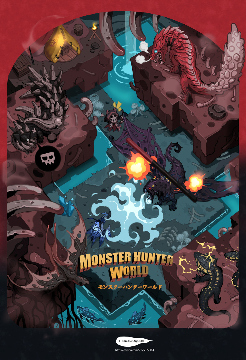 3d absurdres angry battle bird bone camping cat crystal cu_chulainn_(fate) cu_chulainn_(fate/stay_night) death dragon fate_(series) felyne fighting fish great_girros gun_lance highres legiana_(armor) maoxiaoquan monster monster_hunter:_world monster_hunter_(series) night odogaron radobaan skull torch vaal_hazak water water_drop weapon zombie