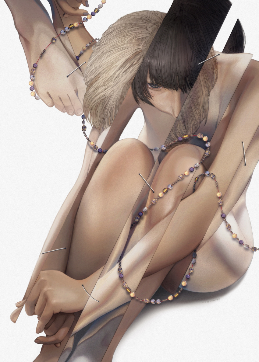 1girl absurdres artist_name barefoot black_eyes black_hair blonde_hair commentary completely_nude dated feet hands_on_feet highres hugging_own_legs making-of_available mikasamu mole mole_under_eye nude original own_hands_together shadow short_hair sitting solo toes white_background