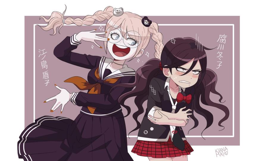 2girls :d absurdres alternate_costume alternate_hairstyle anger_vein artist_name bear_hair_ornament black_shirt blonde_hair blush bow bowtie braid brown_hair collared_shirt commentary cosplay costume_switch crossed_arms danganronpa:_trigger_happy_havoc danganronpa_(series) english_commentary enoshima_junko enoshima_junko_(cosplay) eyelashes fukawa_toko fukawa_toko_(cosplay) glasses hair_ornament hairstyle_switch highres kiana_mai long_hair long_sleeves mole mole_under_mouth monokuma multiple_girls nail_polish neckerchief necktie no_eyewear open_mouth orange_nails orange_neckerchief purple_serafuku purple_shirt purple_skirt red_bow red_bowtie red_skirt round_eyewear sailor_collar school_uniform serafuku shirt short_sleeves simple_background skirt smile sparkle sweat teeth translation_request twin_braids twintails two-tone_necktie unhappy upper_teeth_only v-shaped_eyebrows voice_actor_connection white_sailor_collar