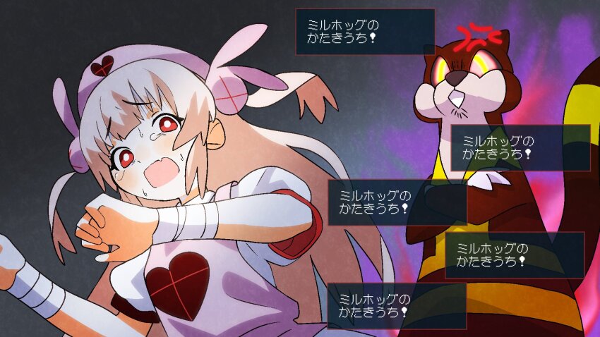 1girl anger_vein apron aura bright_pupils commentary crossed_arms dark_aura dialogue_box gameplay_mechanics gen_5_pokemon hair_ornament hat highres long_hair looking_at_viewer natori_sana natori_sana_(nurse) nervous_sweating nintendo nurse_cap open_mouth pink_apron pink_hat pokemon pokemon_(creature) puffy_short_sleeves puffy_sleeves rabbit_hair_ornament red_eyes sana_channel scared shinbashi_seiji short_sleeves sweat symbol-only_commentary tears translation_request two_side_up upper_body virtual_youtuber watchog white_pupils