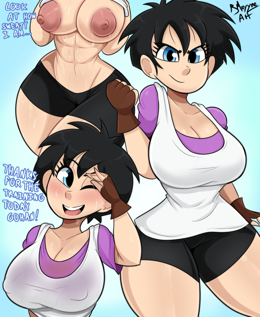 1girl black_hair black_shorts blue_eyes bmayyne breasts clothes dragon_ball english_text highres huge_breasts large_areolae looking_at_viewer muscular muscular_female nipples one_eye_closed open_clothes open_mouth short_hair shorts smile solo sweat videl