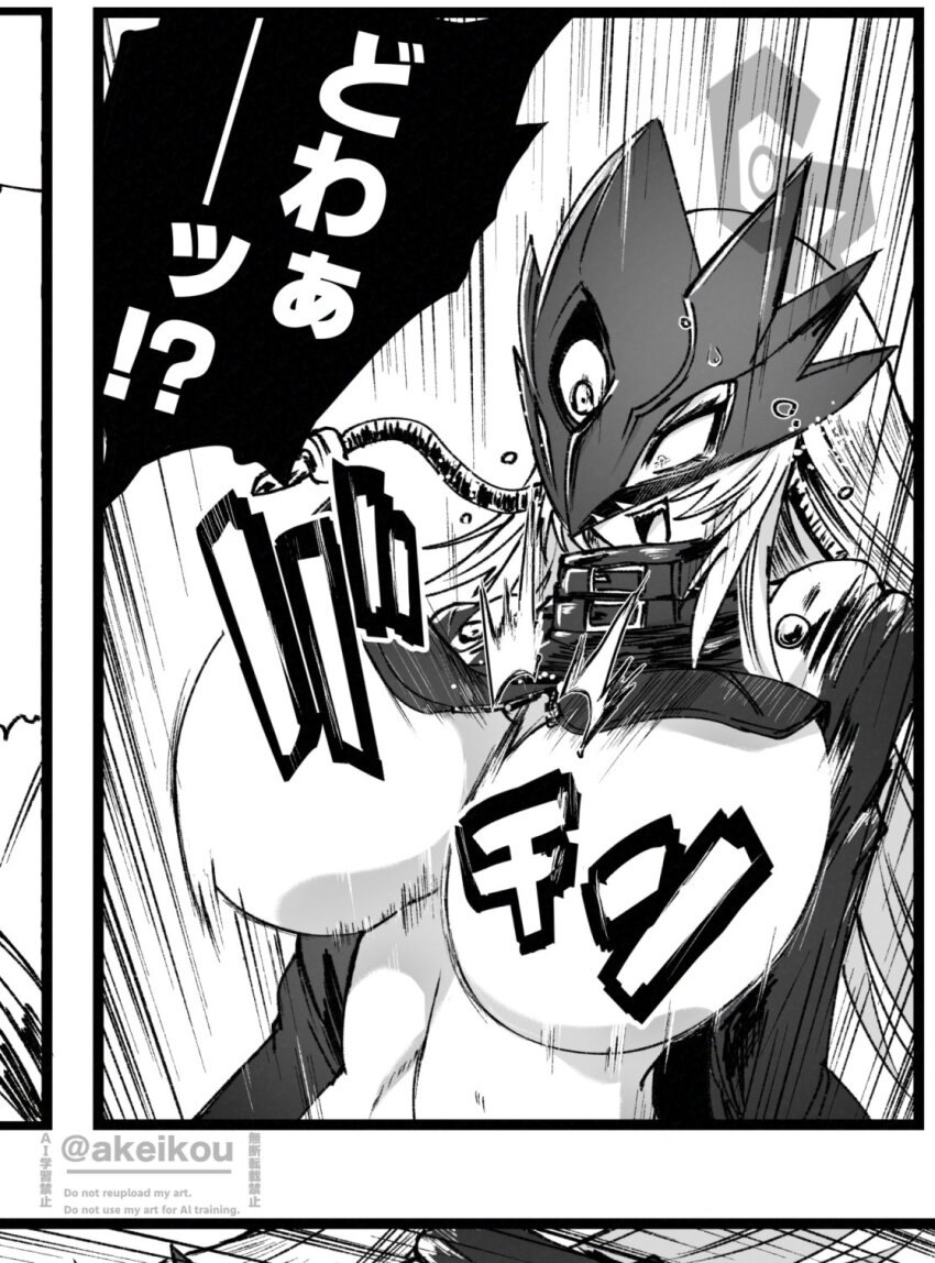 akeikou beelstarmon belt breasts digimon digimon_(creature) highres long_hair mask monochrome third_eye underboob