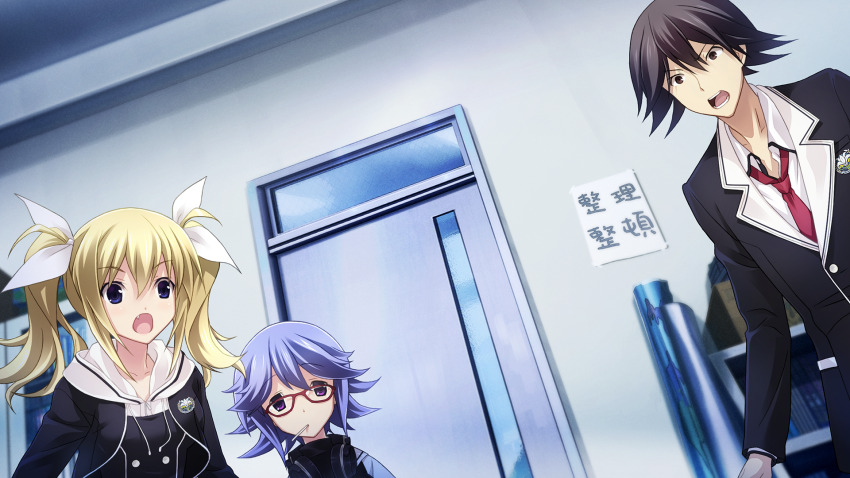 1boy 2girls :o arimura_hinae belt belt_buckle black_jacket black_pants black_trim blazer blonde_hair brown_eyes buckle buttons chaos;child classroom closed_mouth collarbone collared_shirt cropped_jacket double-breasted dress facing_viewer fang floating floating_neckwear floating_object game_cg hair_between_eyes hands_up hekiho_academy hekiho_academy_school_uniform high_collar highres hood indoors itou_shinji_(chaos;child) jacket kazuki_hana library lollipop_in_mouth long_hair messy_hair multiple_boys multiple_girls narrowed_eyes non-web_source official_art open_clothes open_collar open_mouth pants purple_eyes sailor_collar sasaki_mutsumi school school_emblem shirt short_hair sidelocks surprised teeth tongue twintails white_belt white_hood white_sailor_collar white_shirt white_trim window
