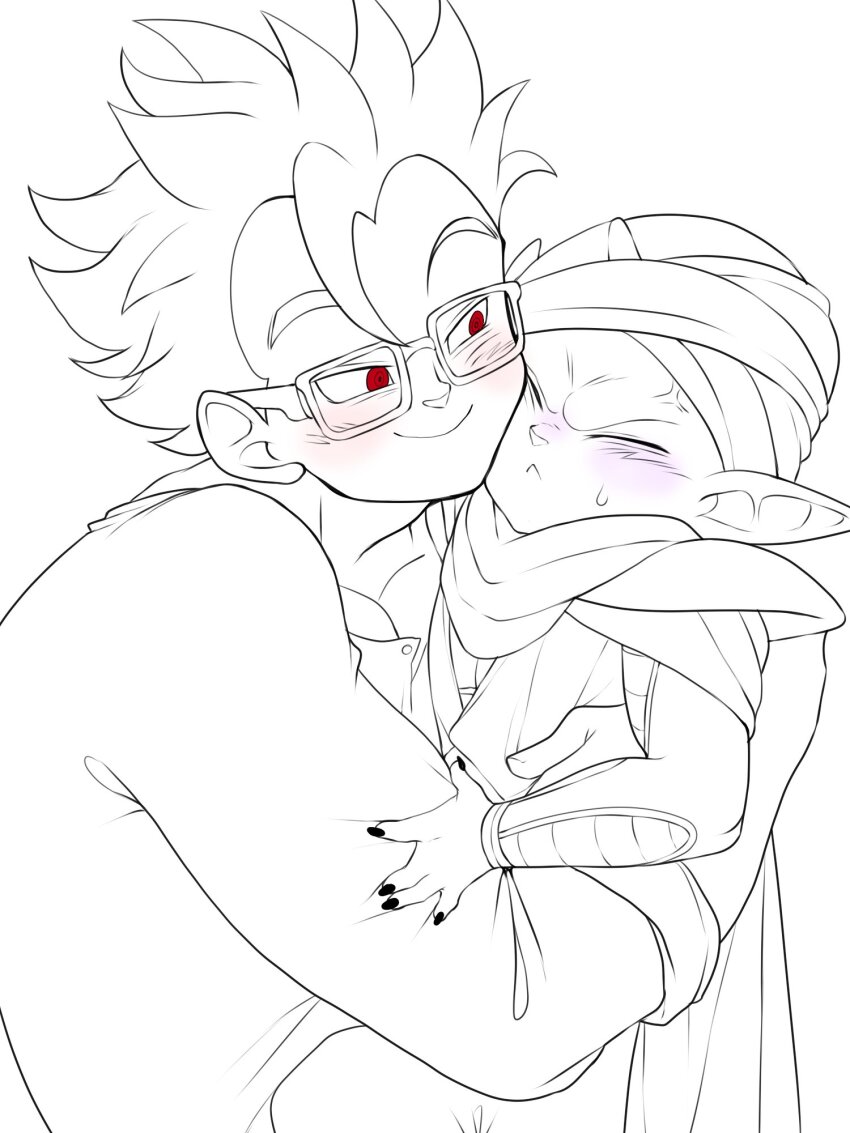 2boys aged_down anger_vein blush closed_eyes closed_mouth dragon_ball glasses happy highres hug looking_at_another male_focus multiple_boys niusesabe piccolo red_eyes ringed_eyes shirt short_hair smile son_gohan yaoi