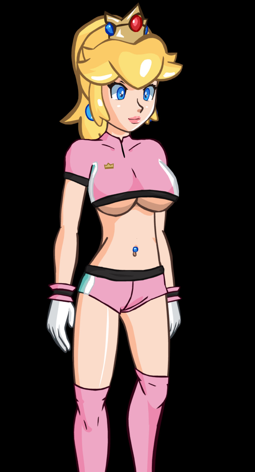 1girl blonde_hair blue_eyes breasts game_cg gloves highres large_breasts long_hair mario_(series) mario_strikers_(series) midriff navel navel_piercing nintendo no_bra piercing pink_lips playshapes princess princess_peach shirt shorts smile soccer_uniform solo sportswear super_mario_strikers underboob
