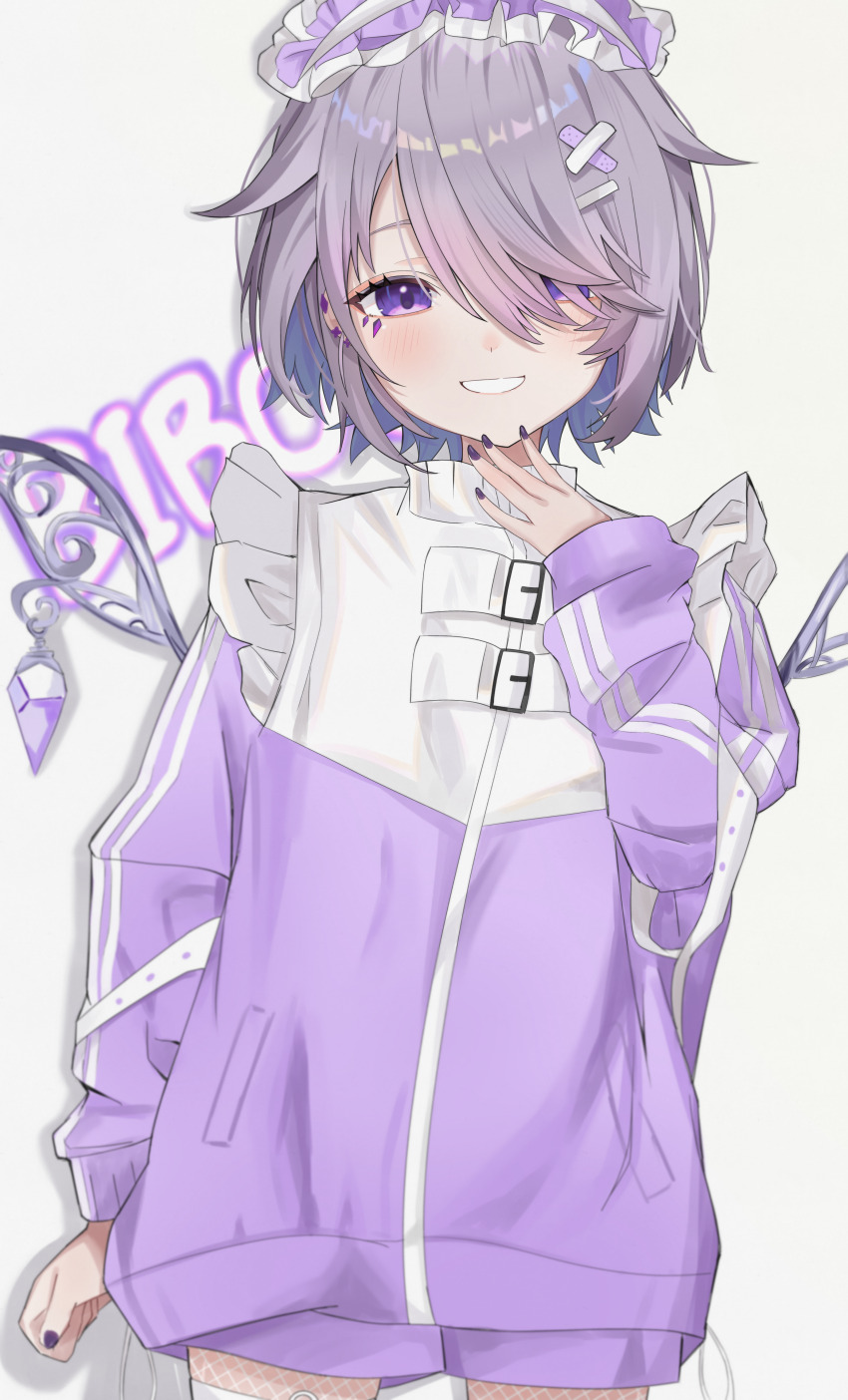 1girl absurdres alternate_costume castellayaki gem grey_hair grin hair_ornament hair_over_one_eye highres hololive hololive_english jacket jewel_under_eye koseki_bijou looking_at_viewer metal_wings purple_eyes purple_gemstone purple_headdress purple_jacket purple_nails simple_background smile solo teeth virtual_youtuber white_background x_hair_ornament
