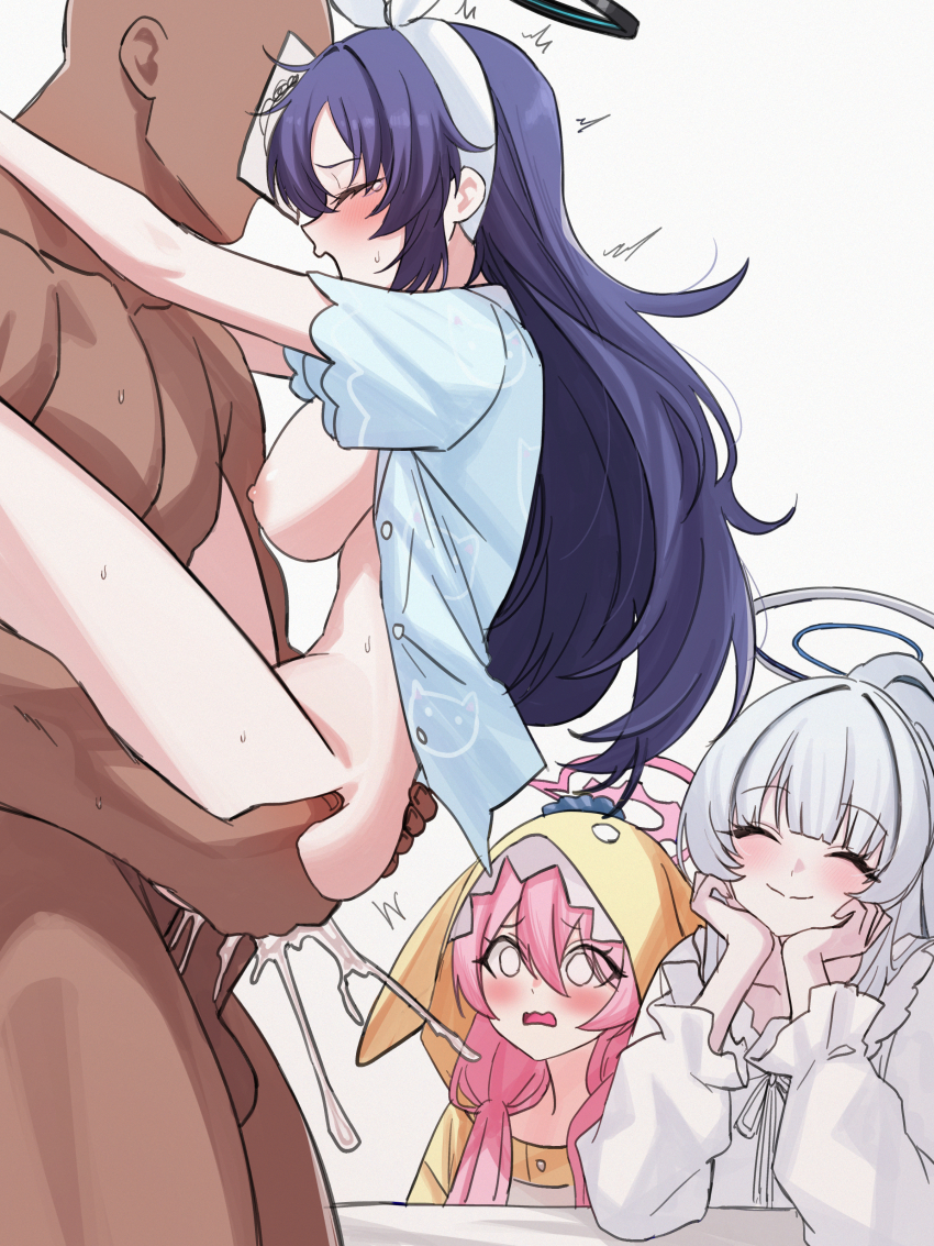 1boy 3girls absurdres animal_costume animal_print aqua_pajamas bald bed black_halo blue_archive blue_pajamas breasts cat_print closed_eyes clothed_sex commentary_request cosplay cum cum_in_pussy cum_overflow doodle_sensei_(blue_archive) ejaculation frilled_pajamas frills grey_hair hairband halo hands_on_own_face hetero highres hood hood_up hooded_pajamas kigurumi koyuki_(blue_archive) koyuki_(pajamas)_(blue_archive) large_breasts leg_lock lifting_person long_hair mechanical_halo multiple_girls nightgown nipples noa_(blue_archive) noa_(pajamas)_(blue_archive) nude official_alternate_costume onesie open_pajamas pajamas paper_on_head penis pink_hair pink_halo ponytail print_pajamas purple_hair rabbit_costume rabbit_pajamas seminar_(blue_archive) senapops sensei_(blue_archive) sex simple_background sleepwear smile standing_leg_lock straddling suspended_congress tears testicles twintails uncensored watching white_background white_eyes white_hair white_hairband white_halo white_nightgown white_pajamas yellow_pajamas yuuka_(blue_archive) yuuka_(pajamas)_(blue_archive)