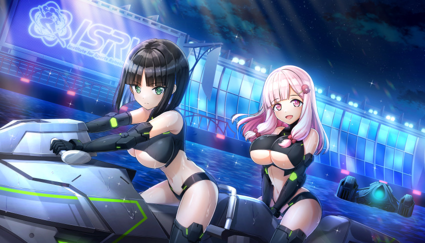 2girls black_hair blunt_bangs breasts cleavage cleavage_cutout clothing_cutout dolphin_wave eines_(dolphin_wave) elbow_gloves gloves green_hair hair_ornament hairclip highres jet_ski large_breasts long_hair looking_at_viewer multicolored_hair multiple_girls nacht_(dolphin_wave) non-web_source official_art on_jet_ski ootomo_takuji pink_eyes pink_hair short_hair symbol-shaped_pupils underboob underboob_cutout watercraft wet