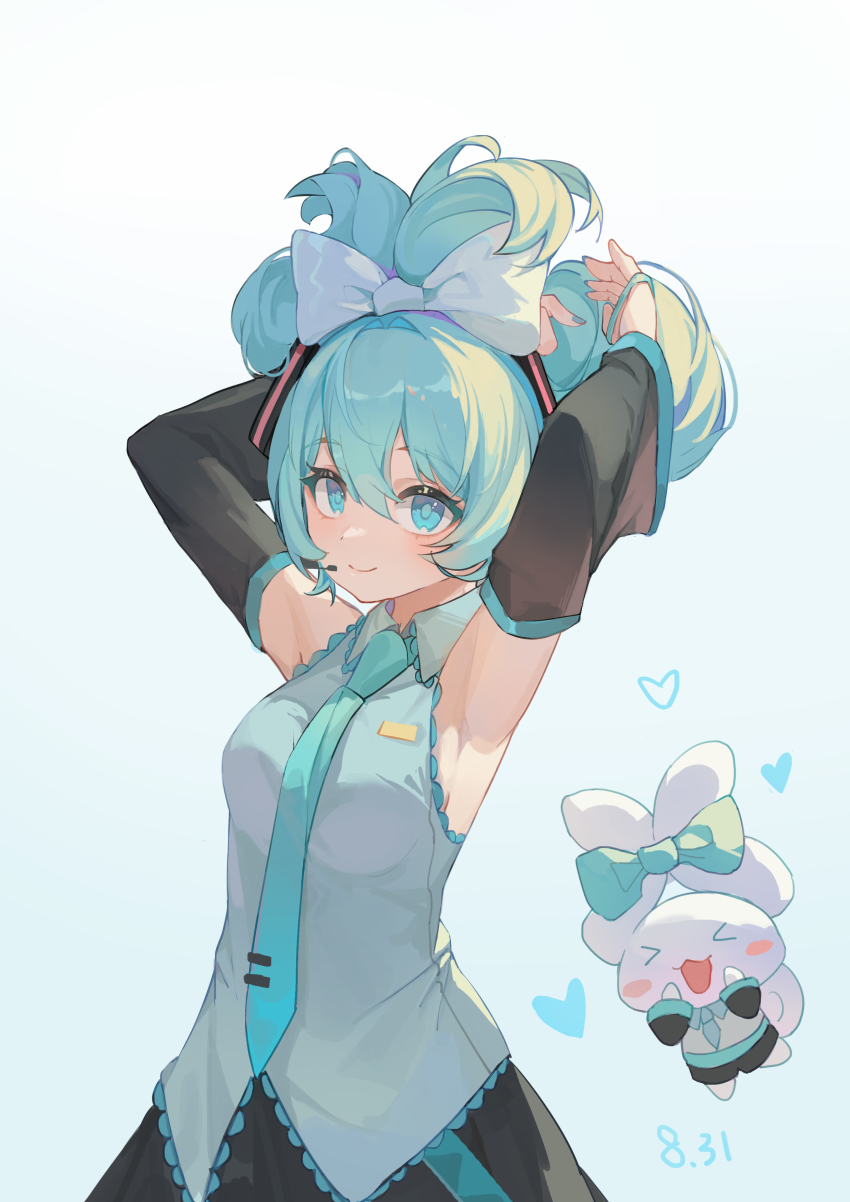 &gt;_&lt; 1girl absurdres aqua_eyes aqua_hair aqua_necktie armpits arms_up black_skirt black_sleeves blue_background blush bow cinnamiku cinnamoroll closed_mouth collared_shirt cowboy_shot creature dated detached_sleeves ear_bow floating folded_hair fuwa_fuwa_cinnamoroll gradient_background grey_shirt hair_bow hatsune_miku heart highres kuweichuanxin_jr long_hair long_sleeves looking_at_viewer necktie sanrio shirt skirt smile solo vocaloid white_background white_bow