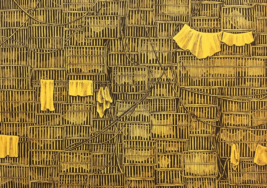 absurdres apartment barred_window bed_sheet building cage cleaning_rag commentary day highres ibsukionsen iron_bars no_humans original painting_(medium) power_lines scenery sunlight traditional_media wire yellow_background