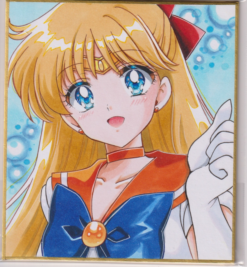 aino_minako bishoujo_senshi_sailor_moon blonde_hair blue_background highres long_hair looking_at_viewer sailor_venus