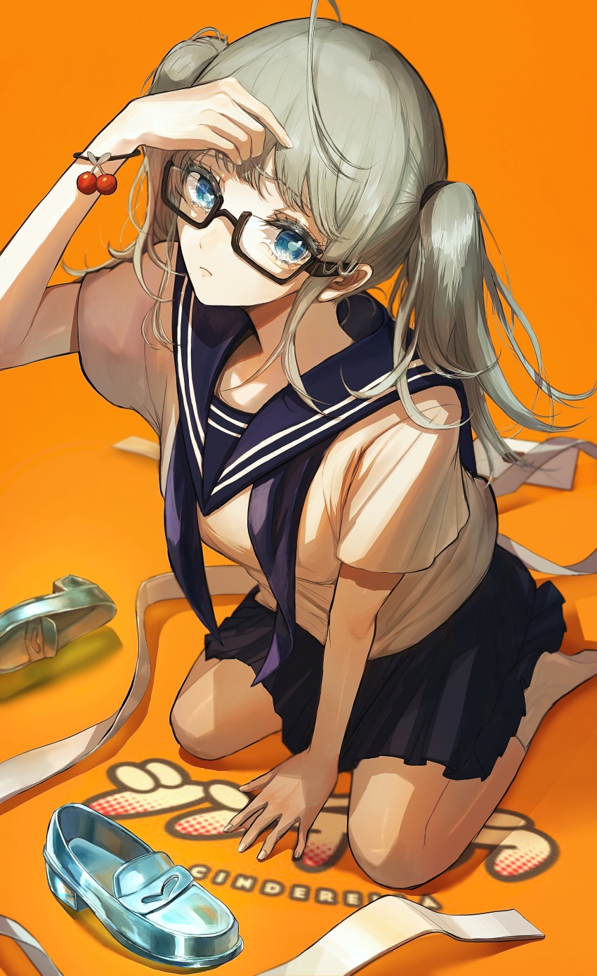 1girl absurdres ahoge barefoot black-framed_eyewear blue_eyes blue_sailor_collar blue_skirt bracelet cinderella_(vocaloid) closed_mouth eyelashes frown glass_slipper glasses green_hair hatsune_miku highres jewelry orange_background pipi_(pipinavigation) pleated_skirt sailor_collar school_uniform semi-rimless_eyewear serafuku skirt socks solo song_name tears twintails vocaloid white_socks