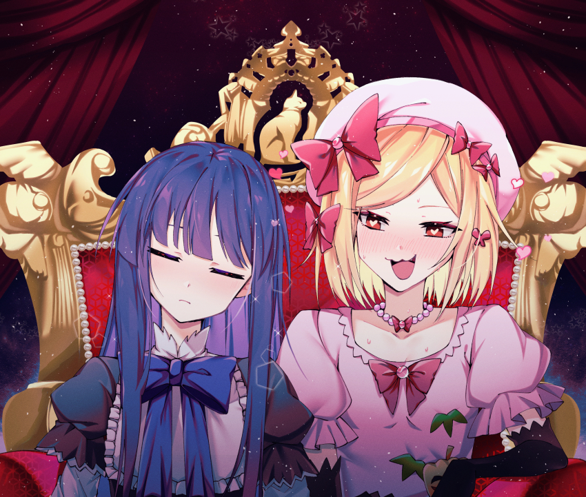 2girls absurdres black_dress black_gloves blue_hair blush bow chen_yan closed_eyes dress elbow_gloves frederica_bernkastel gloves hair_bow hair_ornament hat hat_bow heart heart-shaped_pupils highres lambdadelta long_hair multiple_girls multiple_hat_bows pink_bow pink_dress pink_hat pumpkin_ornament short_hair sidelocks sitting_on_throne sleeping smile sweat symbol-shaped_pupils tanabata umineko_no_naku_koro_ni yuri