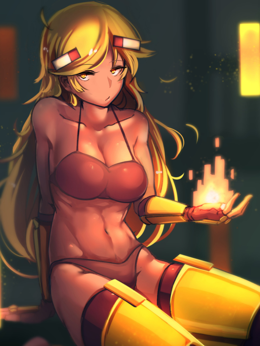 1girl :/ ahoge arm_guards armor at2. bare_shoulders bikini blaze_(minecraft) blaze_rod blonde_hair blurry blurry_background boots breasts cleavage closed_mouth collarbone dark-skinned_female dark_skin depth_of_field fingerless_gloves fire gloves greaves halterneck highres long_hair looking_at_viewer medium_breasts minecraft mob_talker navel personification red_bikini red_gloves red_thighhighs sitting solo stomach swept_bangs swimsuit thigh_boots thighhighs thighhighs_under_boots toned tsurime very_long_hair yellow_boots yellow_eyes