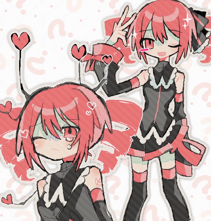 1girl bare_shoulders black_shirt black_thighhighs detached_sleeves drill_hair heart highres kasane_teto looking_at_viewer miniskirt multiple_views okashira_moppu one_eye_closed pleated_skirt red_eyes red_hair shirt skirt sleeveless sleeveless_shirt tears thighhighs twin_drills utau zettai_ryouiki