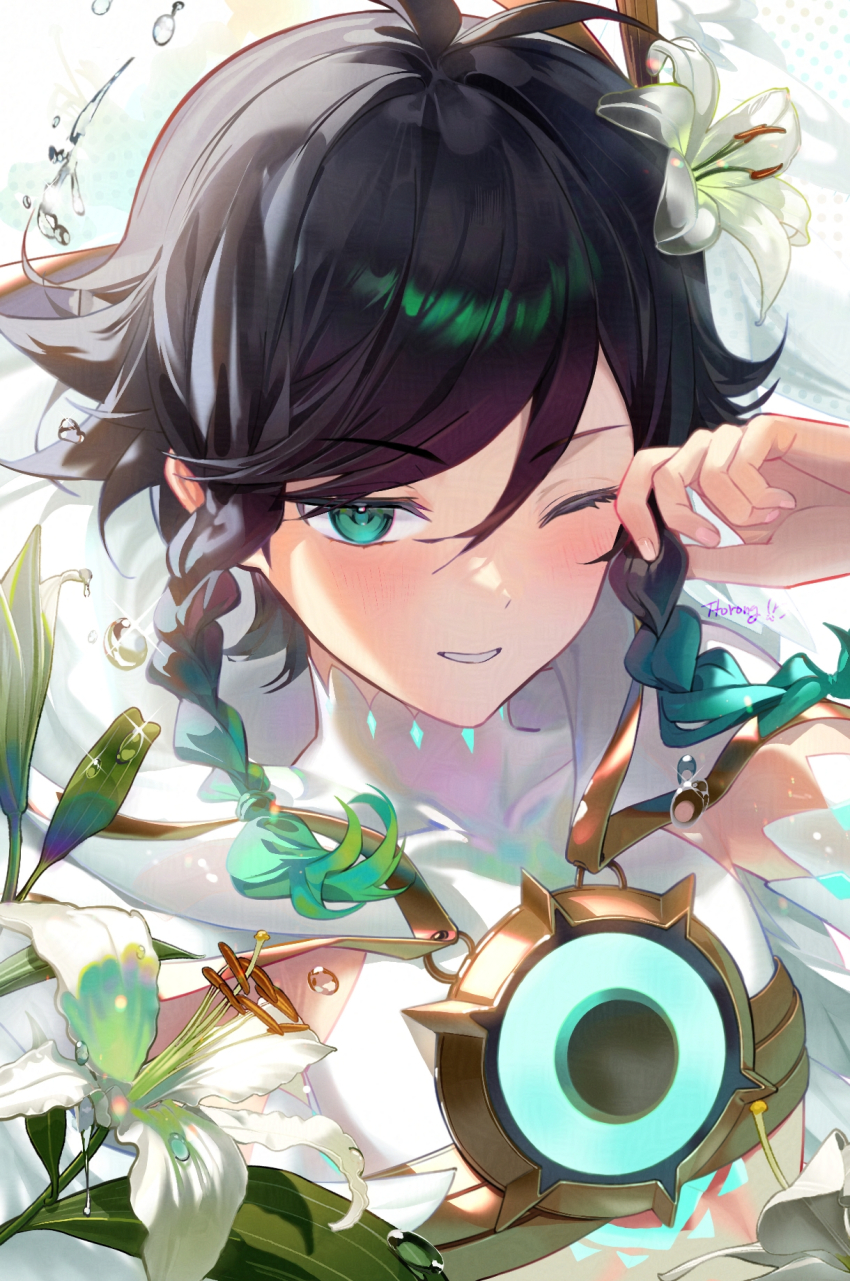 1boy black_hair blush braid commentary english_commentary flower genshin_impact green_eyes green_hair hair_flower hair_ornament hand_up highres looking_at_viewer male_focus medium_hair multicolored_hair one_eye_closed parted_lips portrait shirt signature smile solo ttorong twin_braids two-tone_hair venti_(archon)_(genshin_impact) venti_(genshin_impact) white_shirt