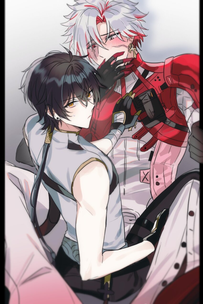 2boys ahoge back bare_shoulders bimyeong_0720 black_border black_gloves black_hair black_pants blush bodysuit border closed_mouth coat ear_piercing earrings from_behind gloves gold_earrings gradient_background grey_background grey_eyes grey_hair hair_between_eyes hand_on_another&#039;s_chest hand_on_own_face hand_up heterochromia highres jewelry long_hair long_sleeves looking_at_another looking_at_viewer looking_back low_ponytail male_focus male_rover_(wuthering_waves) multicolored_hair multiple_boys open_mouth orange_eyes pants piercing ponytail red_coat red_eyes red_hair rover_(wuthering_waves) scar scar_(wuthering_waves) scar_across_eye scar_on_face short_hair simple_background sitting smile sweatdrop sword_earrings tank_top thigh_strap two-tone_hair v-shaped_eyebrows white_background white_bodysuit white_tank_top wuthering_waves yaoi