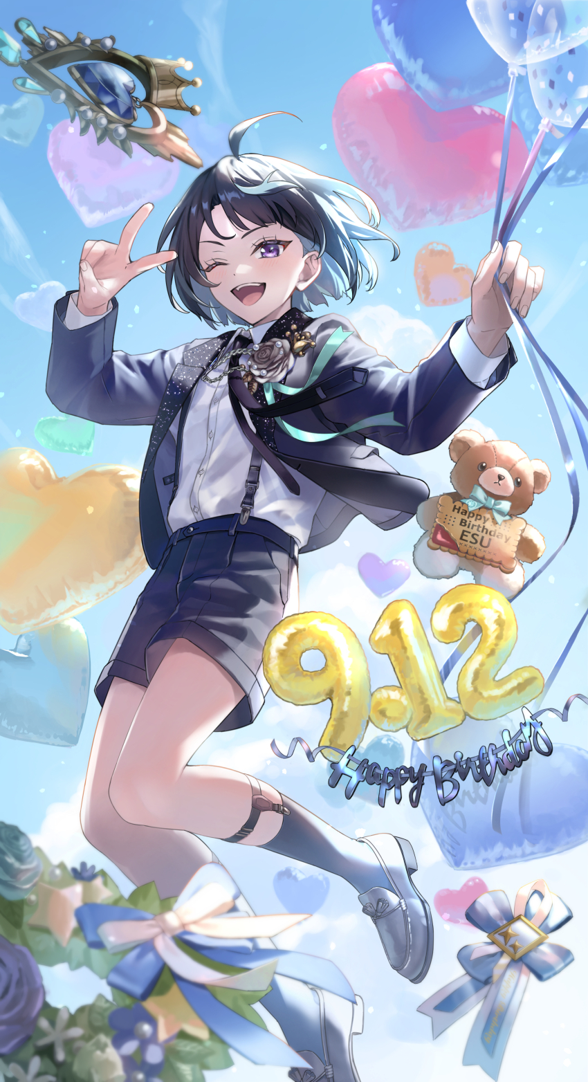 1boy absurdres ahoge balloon black_hair black_shoes brooch character_name ensemble_stars! flower_brooch full_body happy_birthday heart_balloon highres holding holding_balloon jacket jewelry long_sleeves looking_at_viewer male_focus one_eye_closed open_clothes open_jacket open_mouth purple_eyes sagiri_esu shoes shorts smile solo standing standing_on_one_leg stuffed_animal stuffed_toy suspender_shorts suspenders teddy_bear teeth upper_teeth_only v yoshio_tachi