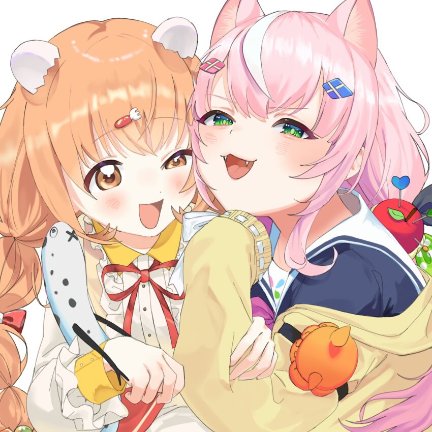 2girls :3 :d animal_ear_fluff animal_ears apple_hair_ornament black_ribbon blue_shirt blush bow braid buttons cardigan cat_ears center_frills collared_shirt commentary_request egg_hair_ornament fangs food-themed_hair_ornament fork_hair_ornament frilled_shirt_collar frilled_sleeves frills green_eyes green_ribbon hair_between_eyes hair_bow hair_ornament hairclip hand_up highres kirara_tamako kirara_tamako_(1st_costume) long_hair long_sleeves looking_at_viewer low_twintails multicolored_hair multiple_girls neck_ribbon nijisanji nijisanji_kr nijuumaru_(kk_ua4) off_shoulder open_cardigan open_clothes open_mouth orange_hair pink_hair red_bow red_ribbon ribbon ribbon-trimmed_sleeves ribbon_trim sailor_collar sailor_shirt school_uniform shirt sidelocks simple_background sleeves_past_fingers sleeves_past_wrists smile streaked_hair twin_braids twintails upper_body v-shaped_eyebrows virtual_youtuber white_background white_bow white_hair white_ribbon white_sailor_collar white_shirt yang_nari yang_nari_(1st_costume) yellow_cardigan