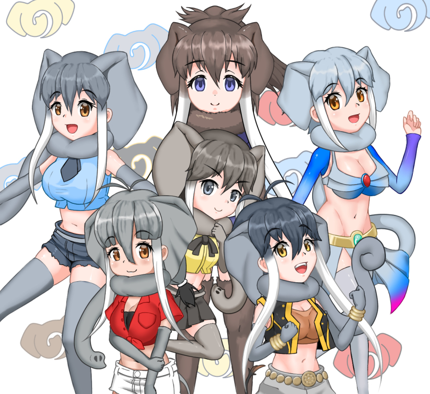 6+girls african_elephant_(kemono_friends) african_forest_elephant_(kemono_friends) animal_ears antenna_hair bare_shoulders belt blue_eyes blue_shirt borneo_elephant_(kemono_friends) bracelet breast_pocket breasts brown_eyes brown_hair brown_neckwear cleavage closed_mouth crop_top cropped_shirt cutoffs dark-skinned_female dark_skin denim denim_shorts detached_sleeves elbow_gloves elephant_ears elephant_tail extra_ears fur_collar gloves gold_belt gold_bracelet grey_eyes grey_gloves grey_hair grey_neckwear hair_between_eyes indian_elephant_(kemono_friends) japari_symbol kemono_friends long_hair long_sleeves mammoth_(kemono_friends) medium_hair micro_shorts midriff multicolored_hair multiple_girls navel necktie open_mouth orange_eyes pocket red_shirt scarf shirt short_shorts shorts shrug_(clothing) simple_background sleeveless sleeveless_shirt smile sumatran_elephant_(kemono_friends) tail thighhighs tied_shirt user_eera2324 white_shirt white_shorts