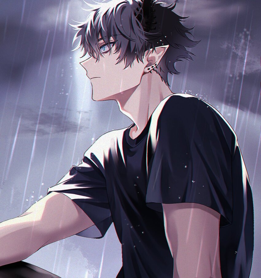 1boy adam&#039;s_apple black_hair black_horns black_pants black_shirt blue_eyes closed_mouth cloud cloudy_sky commentary crew_neck earrings english_commentary frown highres horns jewelry looking_ahead male_focus multiple_earrings nijisanji nijisanji_en owo_renren pants piercing pointy_ears profile rain ren_zotto shirt short_hair short_sleeves sky solo storm stud_earrings t-shirt virtual_youtuber wet wet_clothes wet_hair