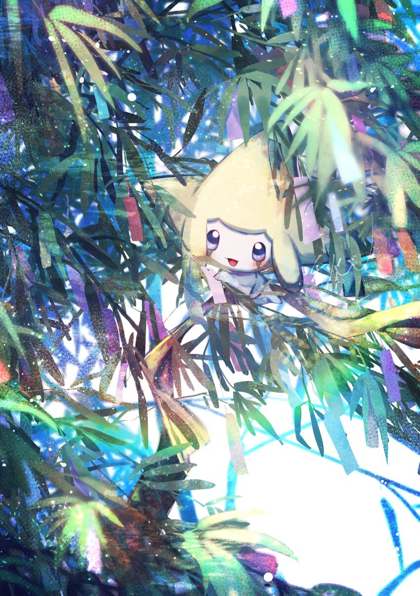 :d absurdres autumnleavesaki black_eyes branch colored_skin full_body gen_3_pokemon highres jirachi legendary_pokemon mythical_pokemon nintendo no_humans open_mouth pokemon pokemon_(creature) pokemon_focus smile solo tanzaku white_skin