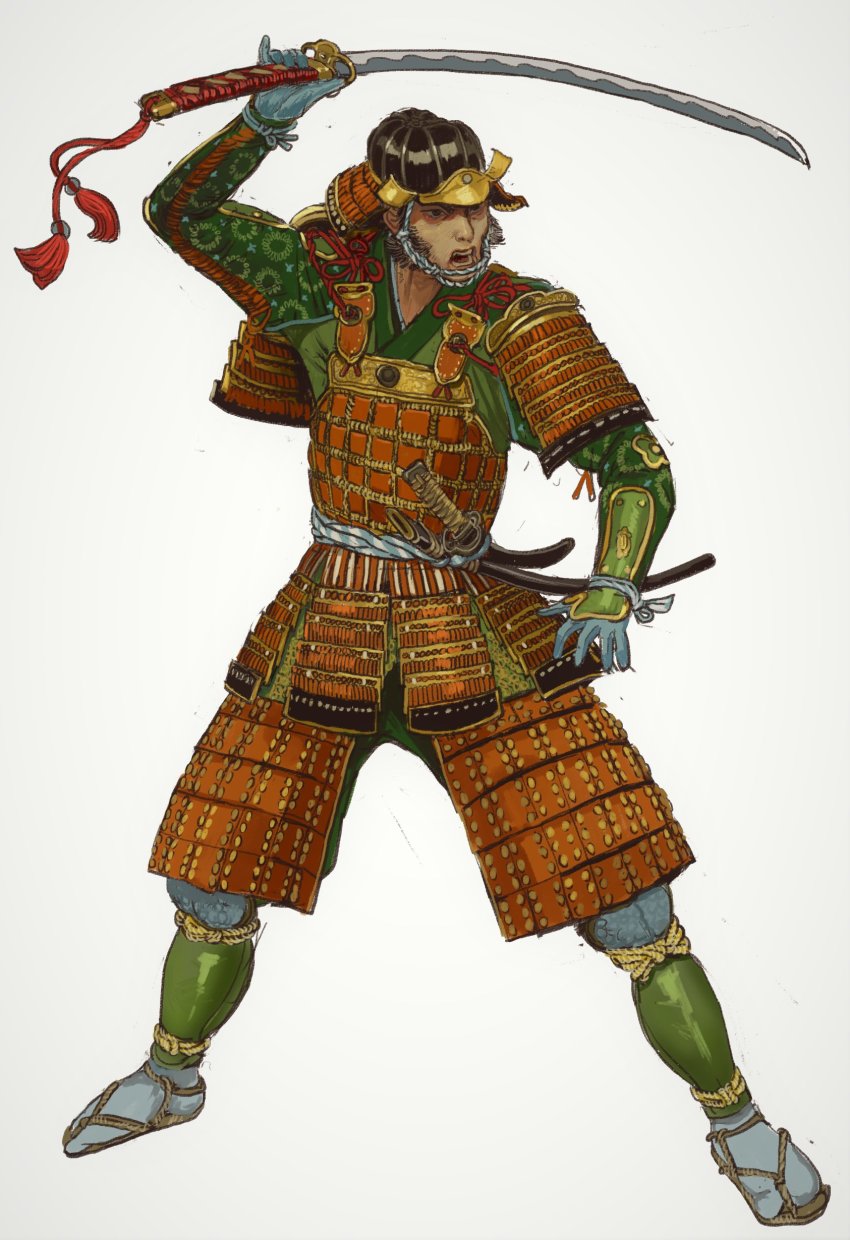 1boy absurdres armor beard black_eyes facial_hair faulds fighting_stance full_body helmet highres holding holding_sword holding_weapon japanese_armor kabuto_(helmet) katana kusazuri male_focus mossacannibalis open_mouth sandals scabbard sheath shoulder_armor simple_background sode solo sword tabi tassel total_war total_war:_shogun_2 weapon white_background