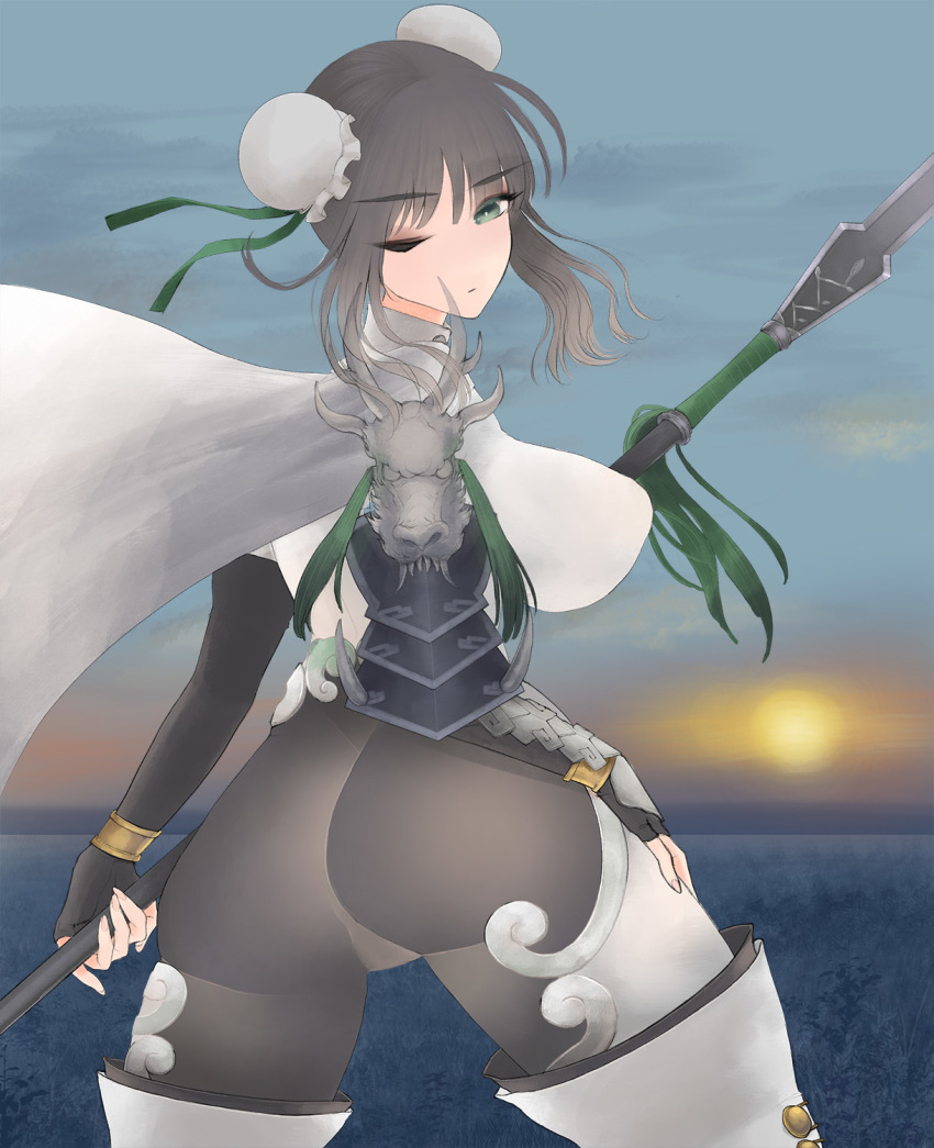 1girl ass black_hair blush bodysuit boots breasts bun_cover cape chinese_clothes double_bun fate/grand_order fate_(series) female_focus fingerless_gloves gloves green_eyes hair_bun highres huge_ass large_breasts looking_at_viewer looking_back ninja one_eye_closed pants polearm qin_liangyu_(fate) qui shiny_clothes short_hair sideboob skin_tight solo spear squatting standing tight_clothes tight_pants weapon white_bodysuit wink