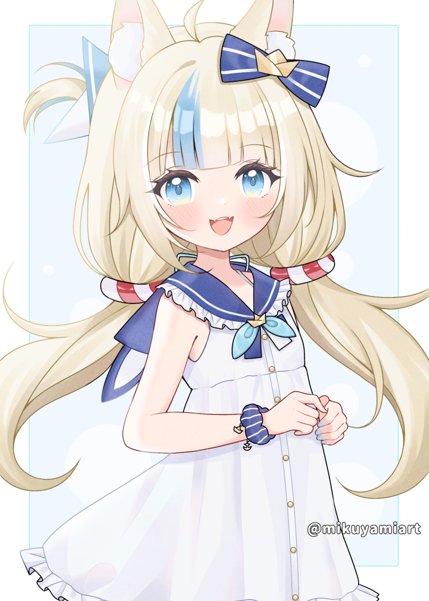 1girl ahoge animal_ear_fluff animal_ears animal_hood blue_bow blue_eyes blue_hair blue_nails blush bow cat_ears cat_hood dress fangs hair_bow highres hood hooded_dress indie_virtual_youtuber iqchan lifebuoy_hair_ornament long_hair looking_at_viewer low_twintails multicolored_hair nail_polish one_side_up sameko_saba skin_fangs sleeveless sleeveless_dress smile solo streaked_hair twintails virtual_youtuber