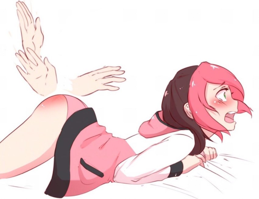 1girl black_hair blush green_eyes multicolored_hair open_mouth osu! panties pink_hair pink_panties pippi_(osu!) short_hair slapping spanking underwear