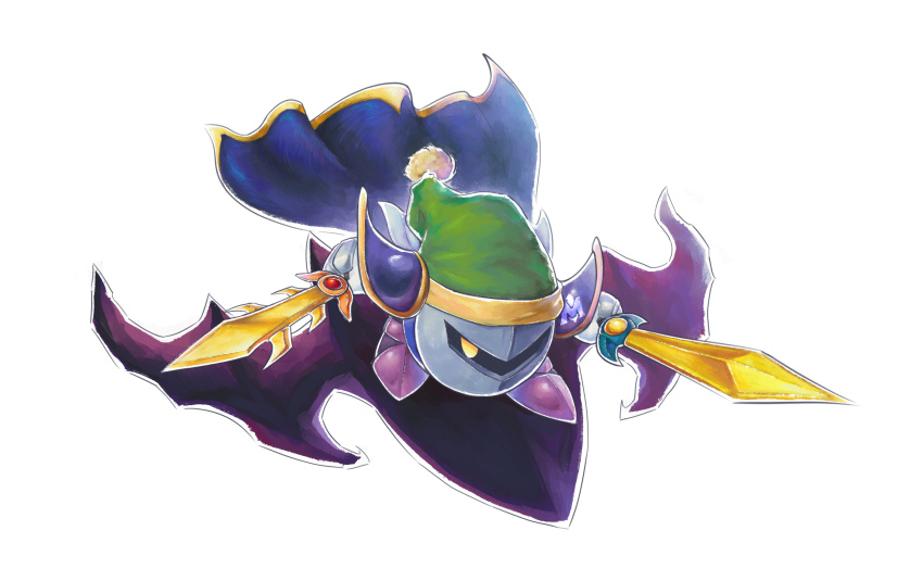 blue_cape cape dual_wielding galaxia_(sword) gauntlets gloves green_hat hat highres holding holding_sword holding_weapon kirby_(series) kirby_air_ride kirby_air_riders mask meta_knight metal_mask nintendo no_humans pom_pom_(clothes) purple_shoes shadow_star shibulio shoes shoulder_pads solo sword weapon white_background white_gloves yellow_eyes