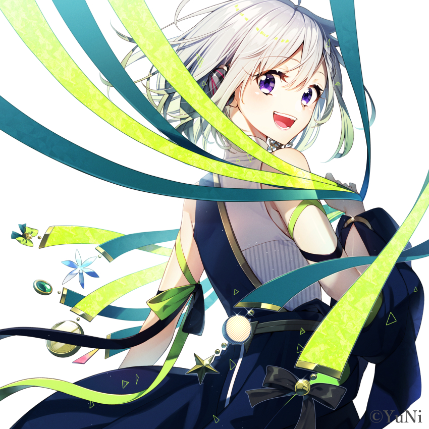 1girl :d bare_shoulders black_dress dress from_behind grey_hair hair_between_eyes highres looking_at_viewer looking_back open_mouth purple_eyes sakuragi_ren shirt simple_background sleeveless sleeveless_dress sleeveless_shirt smile solo twitter_username virtual_youtuber white_background white_shirt yuni_(yuni_channel) yuni_channel
