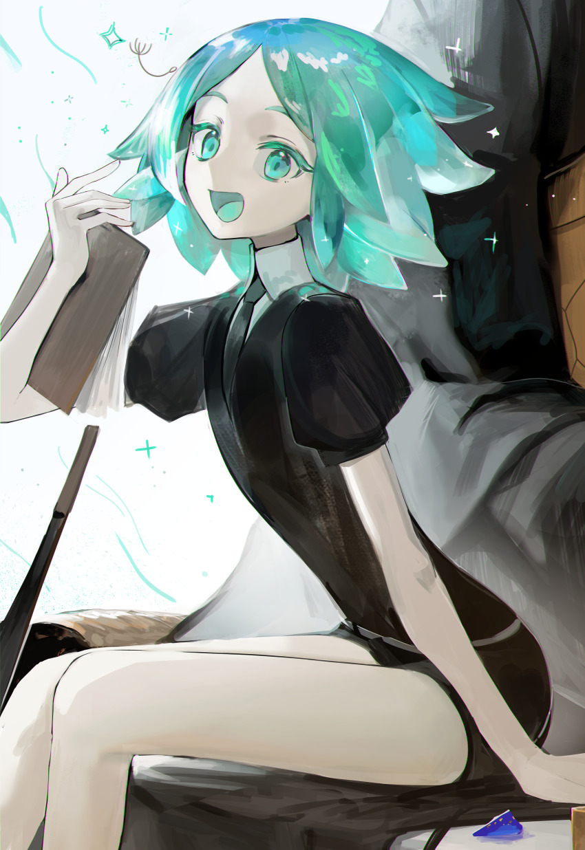 1boy 1other :d absurdres androgynous aqua_eyes aqua_hair arm_support bare_legs black_shirt black_shorts book colored_eyelashes commentary_request crystal_hair eyelashes feet_out_of_frame flipped_hair from_side gem_uniform_(houseki_no_kuni) glowing glowing_hair hashtag-only_commentary highres holding holding_book houseki_no_kuni jaaku_(ra_9rara) japanese_clothes kesa kongou_sensei lapis_lazuli_(houseki_no_kuni) looking_at_viewer monk necktie open_mouth other_focus phosphophyllite phosphophyllite_(ll) shirt short_hair short_sleeves shorts sitting smile solo_focus sparkle sword weapon