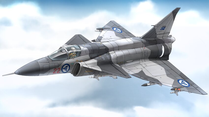1other absurdres aircraft airplane blue_sky camouflage cloud cloudy_sky commentary commission day english_commentary fighter_jet flight_suit helmet highres military_vehicle okutama_tarou original outdoors oxygen_mask pilot pilot_helmet saab saab_viggen second-party_source skeb_commission sky solo vehicle_focus