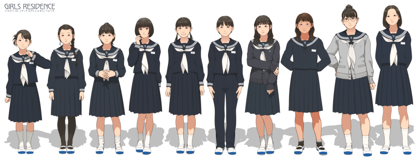 6+girls arms_behind_back asian black_cardigan black_hair black_pants black_pantyhose black_serafuku black_skirt bob_cut braid brown_hair cardigan commentary_request glasses grey_cardigan hair_bun hair_over_shoulder highres interlocked_fingers loose_socks medium_skirt multiple_girls neckerchief original pants pantyhose pleated_skirt ponytail sailor_collar sailor_shirt school_uniform serafuku shinchou_ni_kansuru_kousatsu shirt shoes short_hair single_braid single_hair_bun skirt sleeves_past_wrists socks tan tomboy twintails watermark web_address white_neckerchief white_shoes white_socks